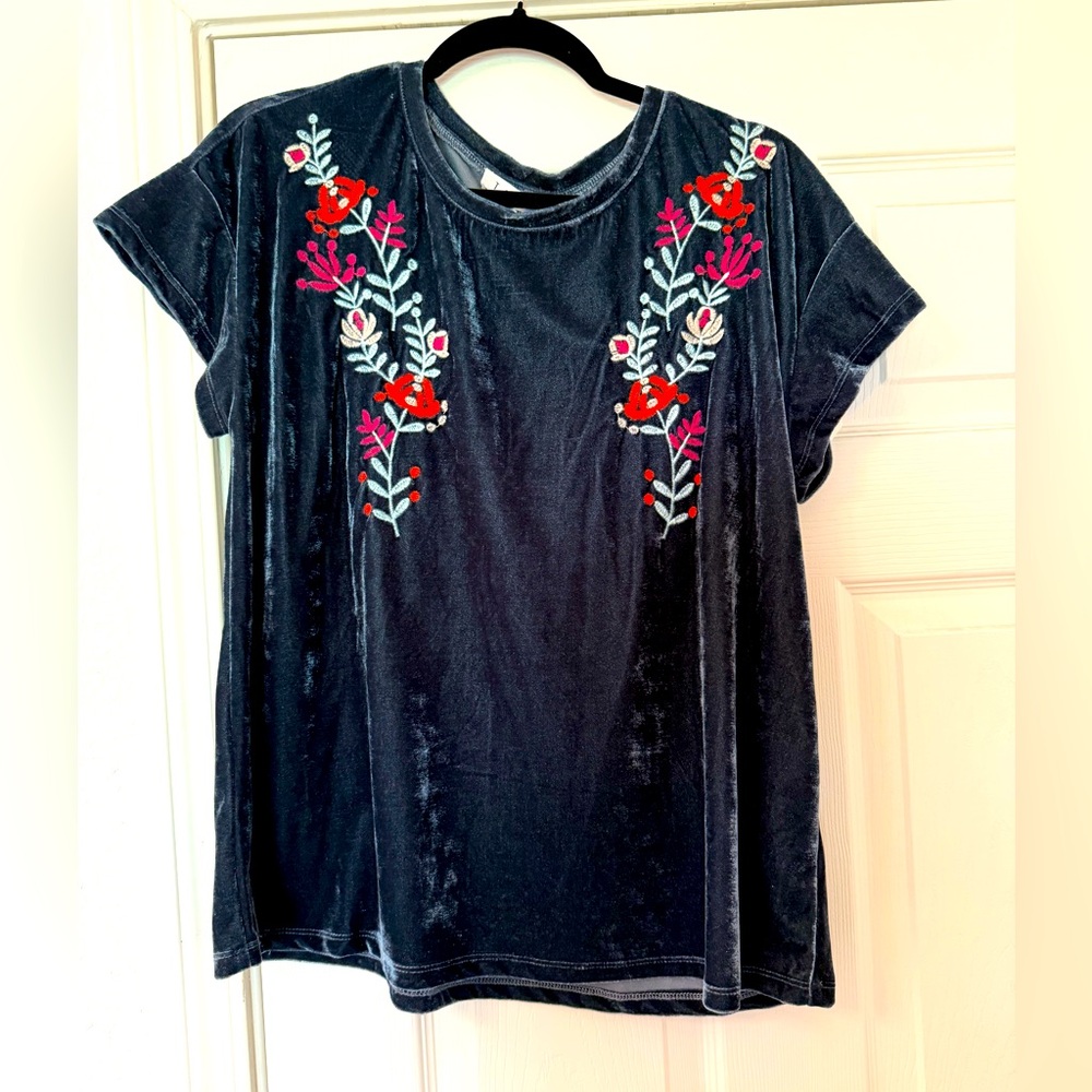 THML Dark Blue Velvet Top with Floral Embroidery